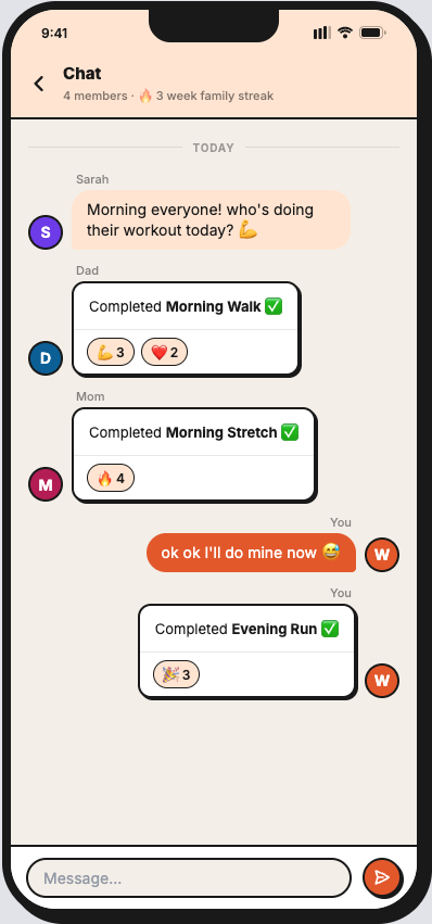 FitFam family chat showing completed activities