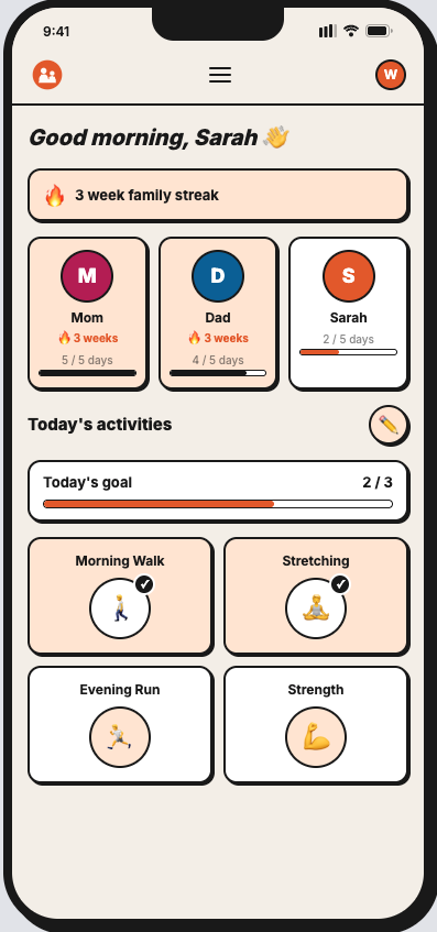 FitFam dashboard showing family activity cards